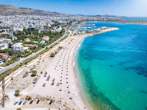 Aerial view of the Glyfada coast, south Athens, Greece, with beaches, marinas and turquoise sea