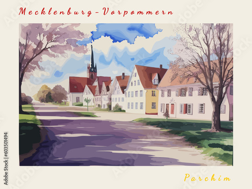 Parchim: Post card design with Town in Germany and the city name Parchim photo