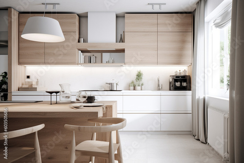 modern kitchen interior in beige color and wood, french windows created using generative AI tools