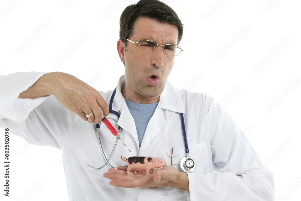 Male doctor holding swine flu vaccine syringe, metaphor Male doctor holding swine flu vaccine syringe, metaphor