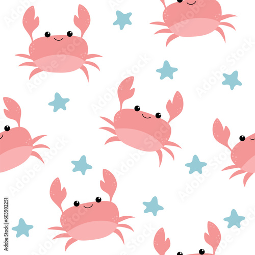 Seamless marine pattern with hand drawn crab. Sea life vector illustration. Vector colorful childish seamless repeat simple flat pattern with crab and starfish on white background.