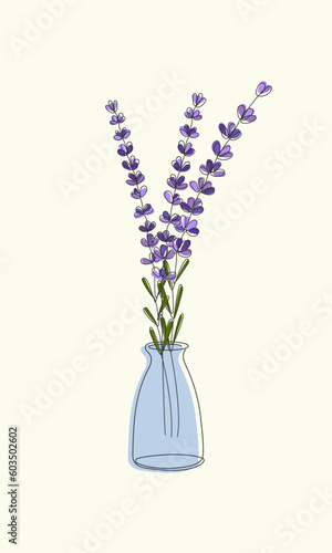 Vase with lavender flowers. One line floral doodle illustration. Minimalistic Template for greeting card, invitation, poster