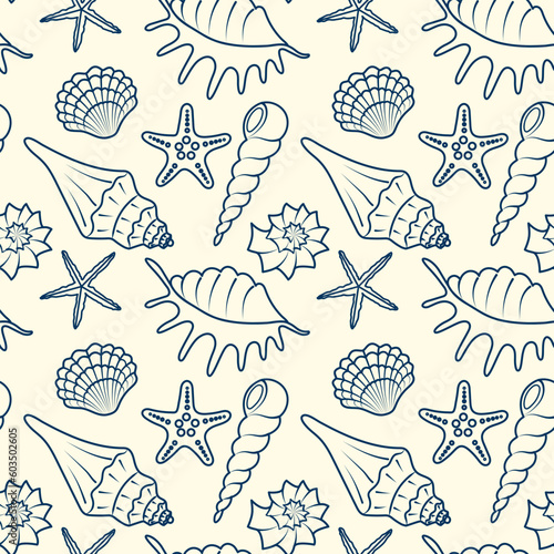 Seamless pattern from the outline of blue seashells on a yellow background. Summer sea background for printing on fabric, covers, brochures