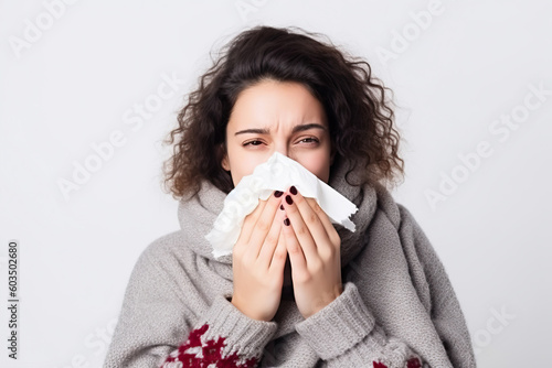 A woman covers her mouth with a tissue created with Generative AI technology photo