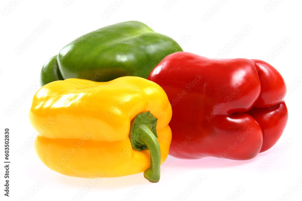 red, yellow and green paprika on white background red, yellow and green paprika on white background