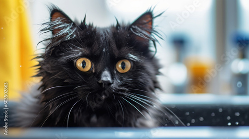 Disheveled funny black cat in the bathroom. Animal Hygiene and pet care concept. Copy space. Banner. Generative AI © Garnar