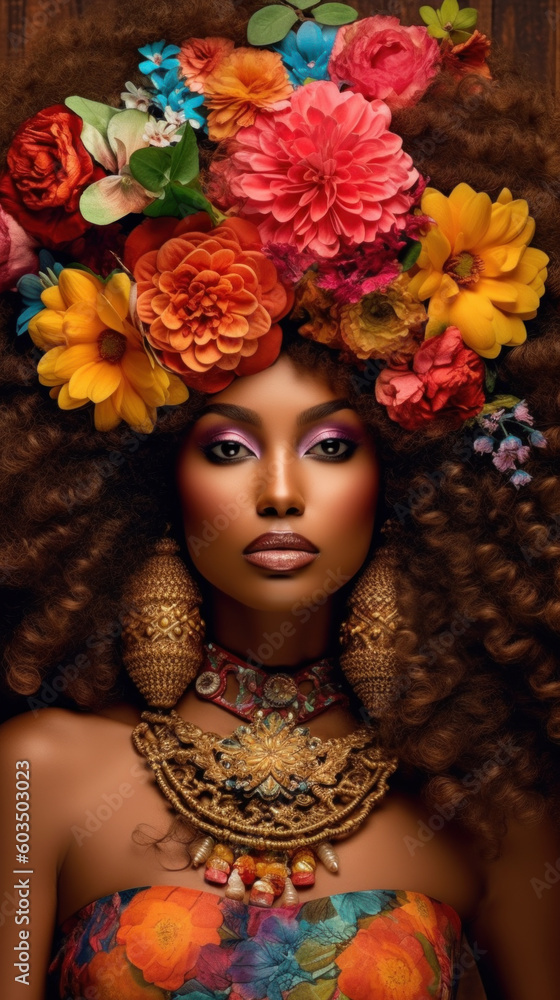 Beautiful black woman among flowers and with a hairstyle of flowers created with generative AI technology Beautiful black woman among flowers and with a hairstyle of flowers created with generative AI technology