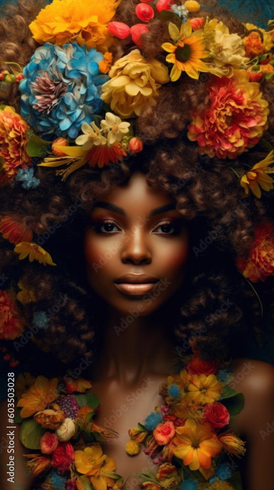 Beautiful black woman among flowers and with a hairstyle of flowers created with generative AI technology