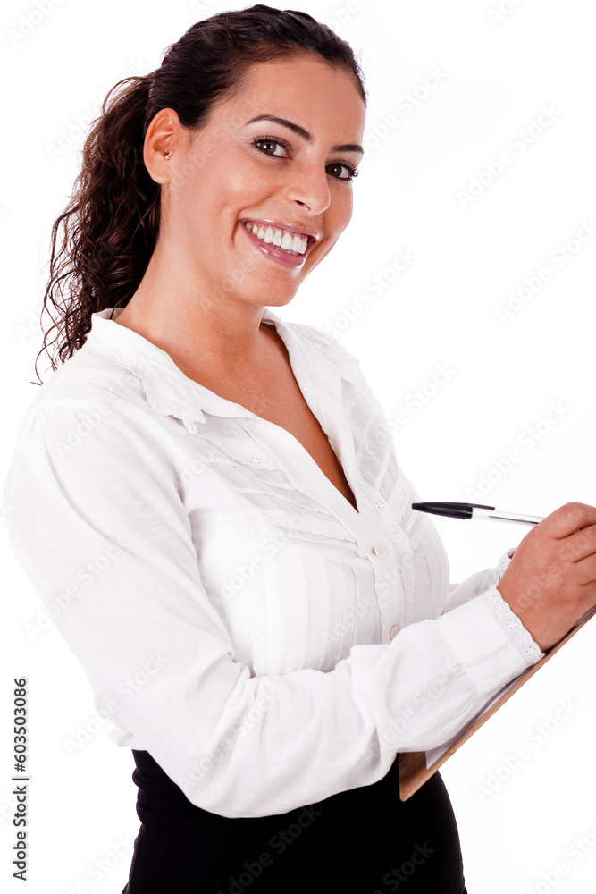 Young business woman writing in a clip Board,on a white isolated backgroud Young business woman writing in a clip Board,on a white isolated backgroud