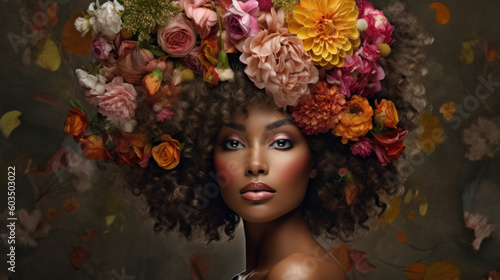Beautiful black woman among flowers and with a hairstyle of flowers created with generative AI technology