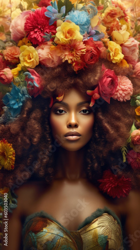Beautiful black woman among flowers and with a hairstyle of flowers created with generative AI technology