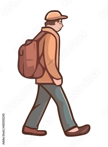 Young adult man walking with backpack