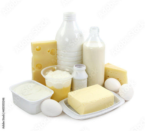 Dairy products and eggs isolated on white background
