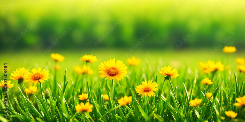 Spring landscape, blossoming field with green grass and yellow flowers. Nature illustration. Generative AI Spring landscape, blossoming field with green grass and yellow flowers. Nature illustration. Generative AI