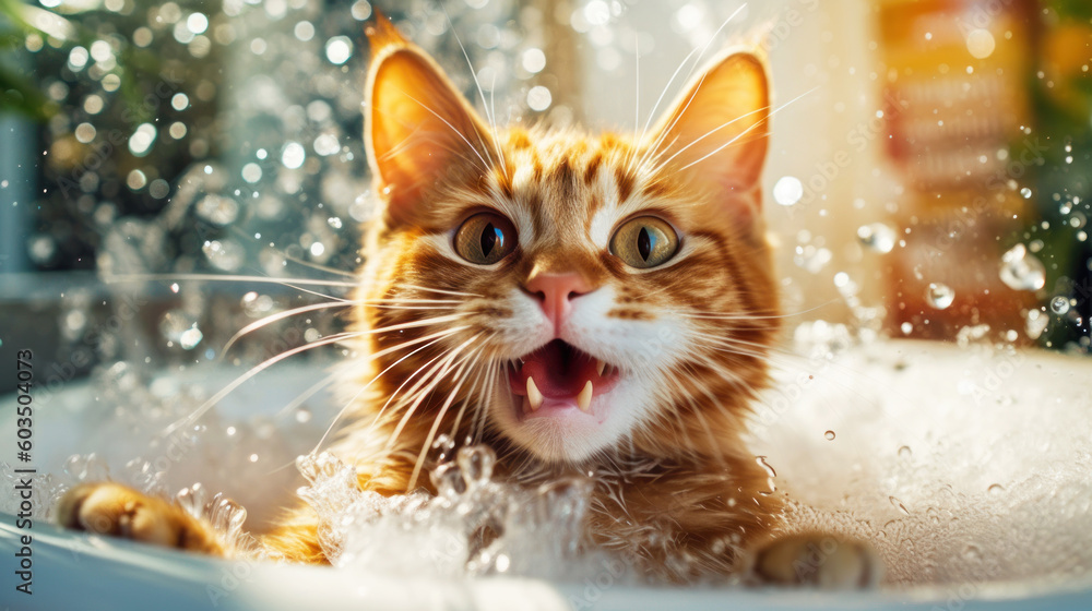 Foam bubbles and splashing water are flying around a funny cat. An active ginger cat is happy to bathe in the bathtub with foam in the grooming salon. Animal Hygiene and pet care concept.Generative AI