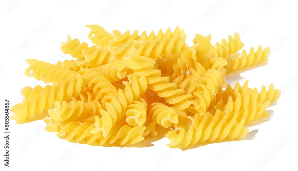 Raw wheat fusilli on a white isolated background Raw wheat fusilli on a white isolated background