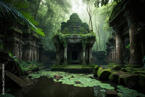 Fototapeta Naklejka Na Ścianę i Meble -  Captivating ancient temple amidst lush jungle, adorned with mythical sculptures and entwined vines; serene waterfall cascades into crystal-clear pool, evoking awe and wonder. Generative AI