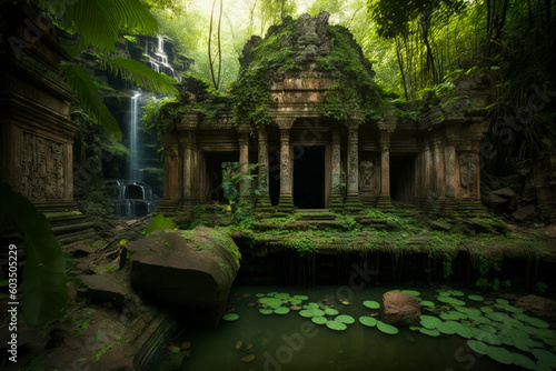 Captivating ancient temple nestled in lush jungle with vine-covered walls, intricate stone carvings, and serene waterfall; evoking awe and mystique. Generative AI