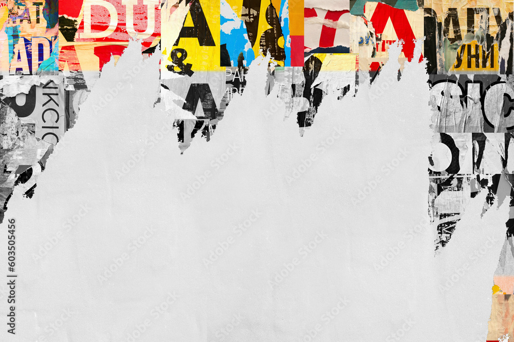 Fototapeta premium Old ripped torn collage posters grunge texture background creased crumpled white blank paper backdrop placard surface / Empty space for text