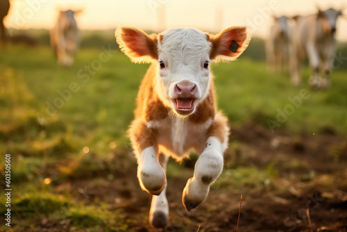 Foto portrait of a calf running and jumping towards the camera