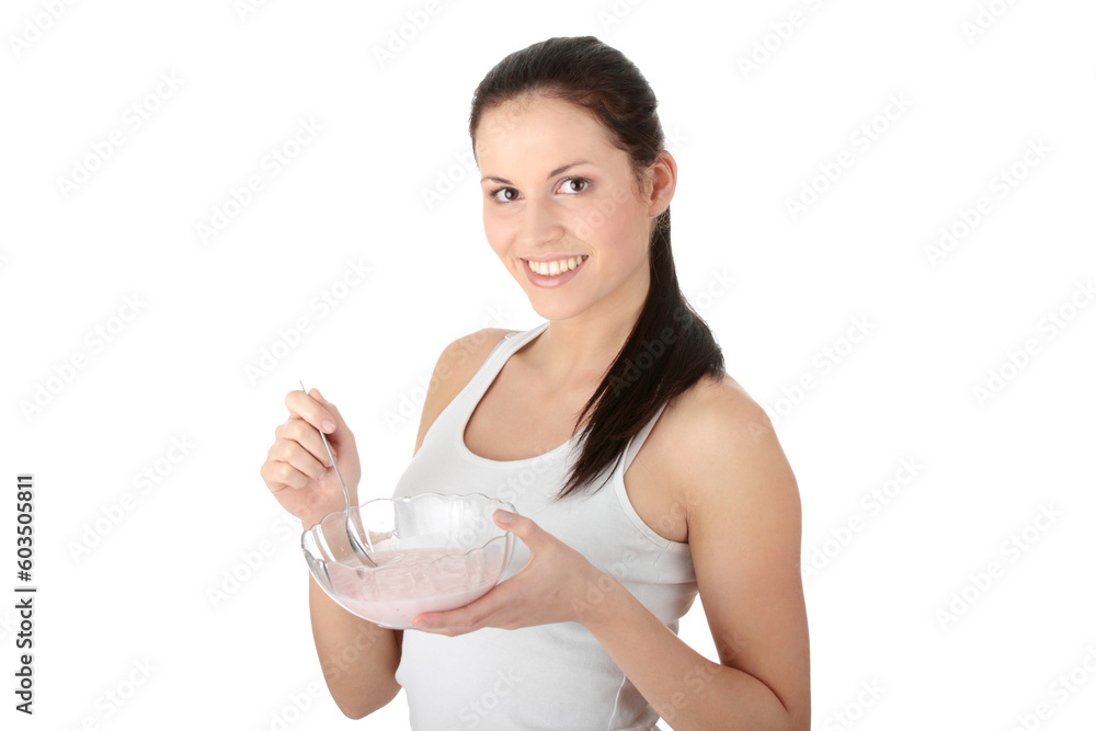 Female eating yogurt isolated on white background Female eating yogurt isolated on white background