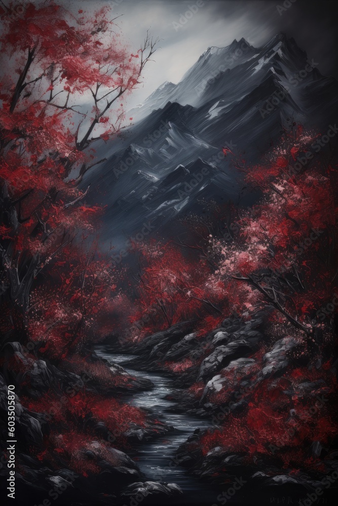 Japanese painting style landscape. Japan traditional culture. illustration created with ai. red and dark style Generative AI