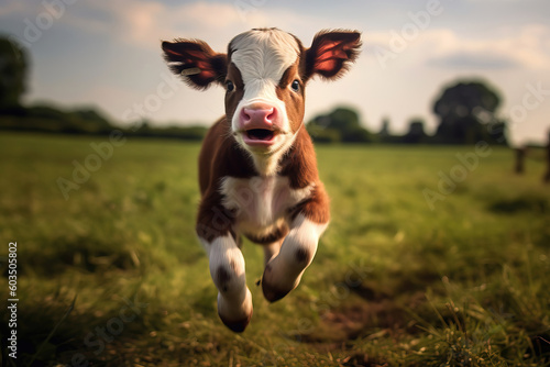 Foto cute baby calf jumping in the paddock