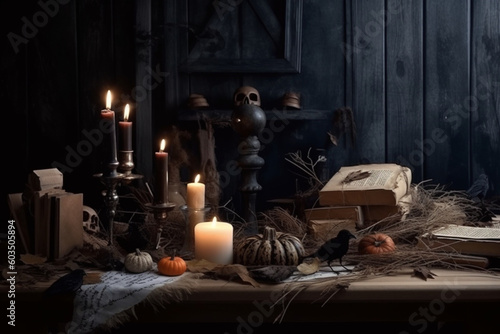 A table with a halloween display and a skull and pumpkins on it
