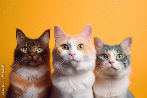 A group of funny multicolored cats looks into the camera. Cats on an orange, mustard yellow bright color background. Funny pets. Copy space. Generative AI © Garnar