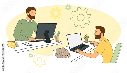 A businessman in a hybrid setting  a formal suit and home clothes works on a laptop  against the backdrop of a working office and a homely cozy atmosphere. Vector illustration in cartoon style