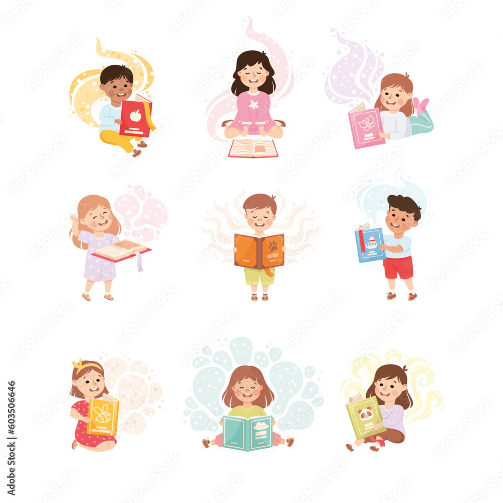 Cute Children Reading Open Books and Dreaming Vector Set Cute Children Reading Open Books and Dreaming Vector Set