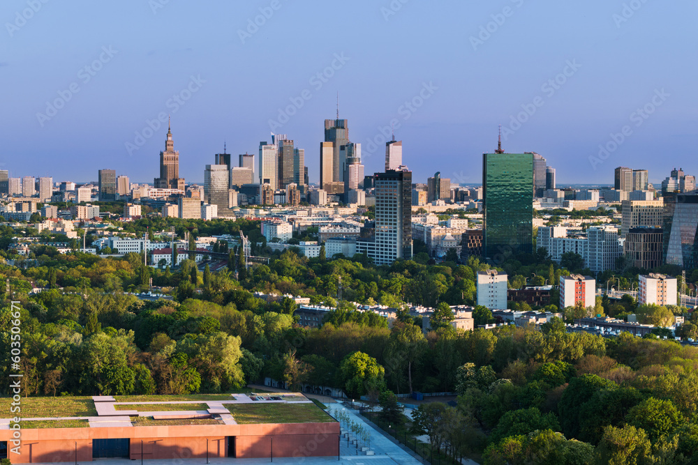 Naklejka premium Aerial view of Warsaw city center during sunset