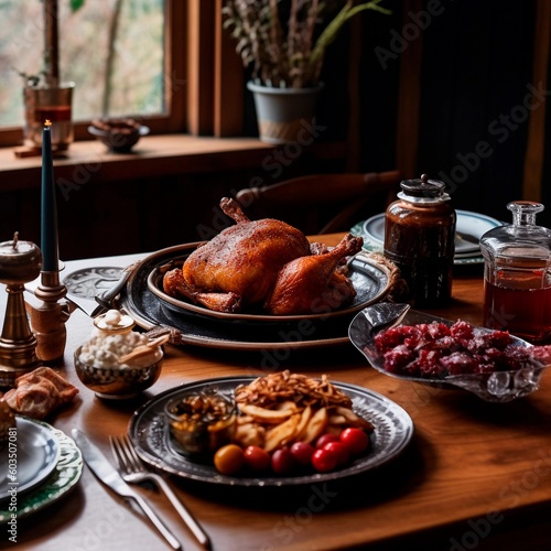 set the served table at home with smoked chicken on a tray with Generative AI