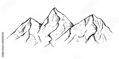 Hand drawn vector landscape with mountains, trees in the mountains. Perfect for banner, poster and sticker design.