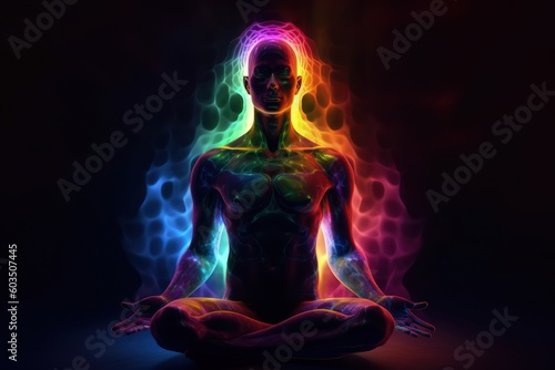 Human chakra, buddhism, meditating. Refers to energy points in your body. Chakra therapies, yoga, healing. Disks, of spinning energy to certain nerve bundles and major organs. Generative AI