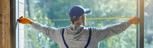 Fotografija Rear view of young workman wearing blue overalls using measuring tape while work