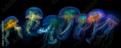 Captivating image of vibrant jellyfish gracefully swimming in ocean depths, showcasing a mesmerizing array of sizes and colors against a soothing blue gradient. Generative AI © XaMaps