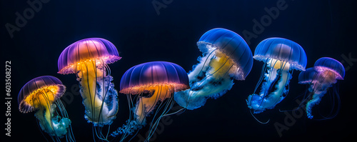 Enthralling picture of vivid jellyfish elegantly swimming in sea, displaying mesmerizing blue hues and stirring emotions with diverse sizes/colors. Generative AI © XaMaps