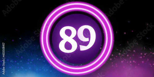 Number 89. Banner with the number eighty nine on a black background and blue and purple details with a circle purple in the middle photo