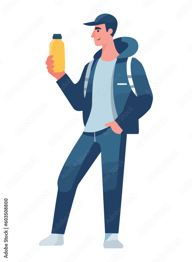 One person walking with backpack, holding drink One person walking with backpack, holding drink