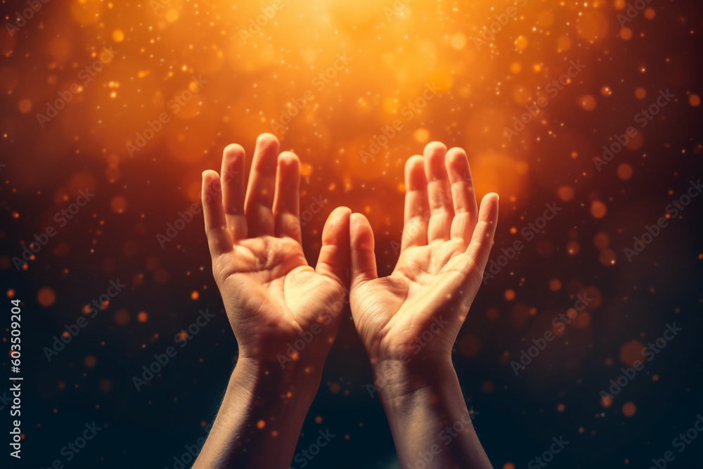 Human hands open palm up worship with faith in religion and belief in God on blessing background Human hands open palm up worship with faith in religion and belief in God on blessing background