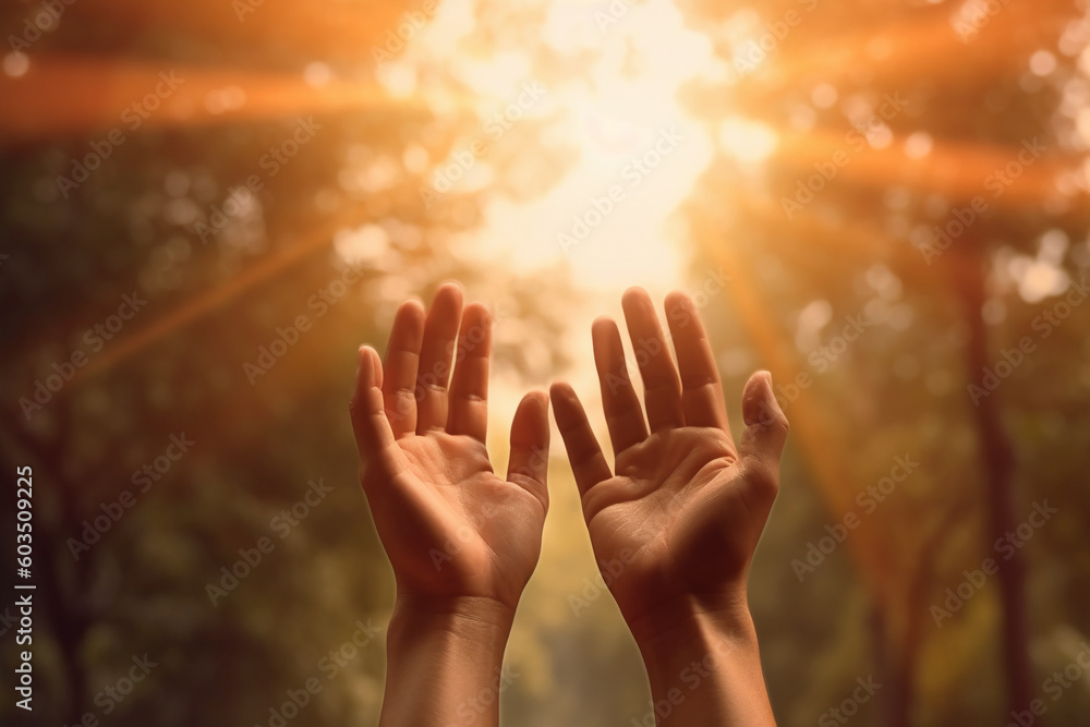 Human hands open palm up worship with faith in religion and belief in God on blessing background Human hands open palm up worship with faith in religion and belief in God on blessing background