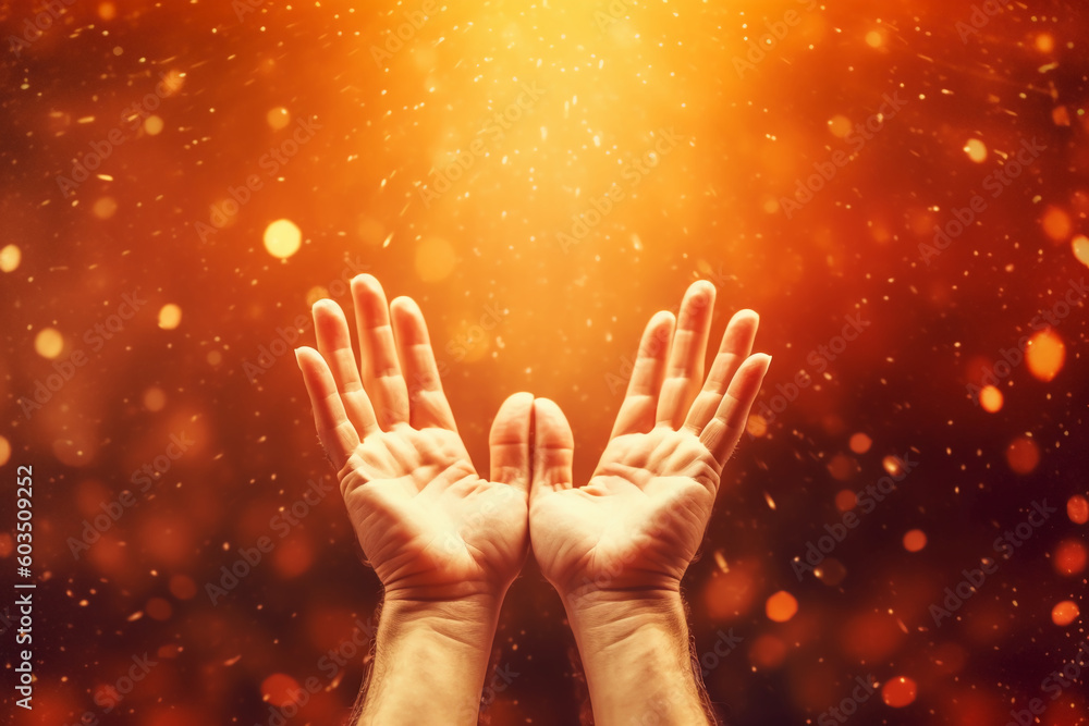 Human hands open palm up worship with faith in religion and belief in God on blessing background Human hands open palm up worship with faith in religion and belief in God on blessing background