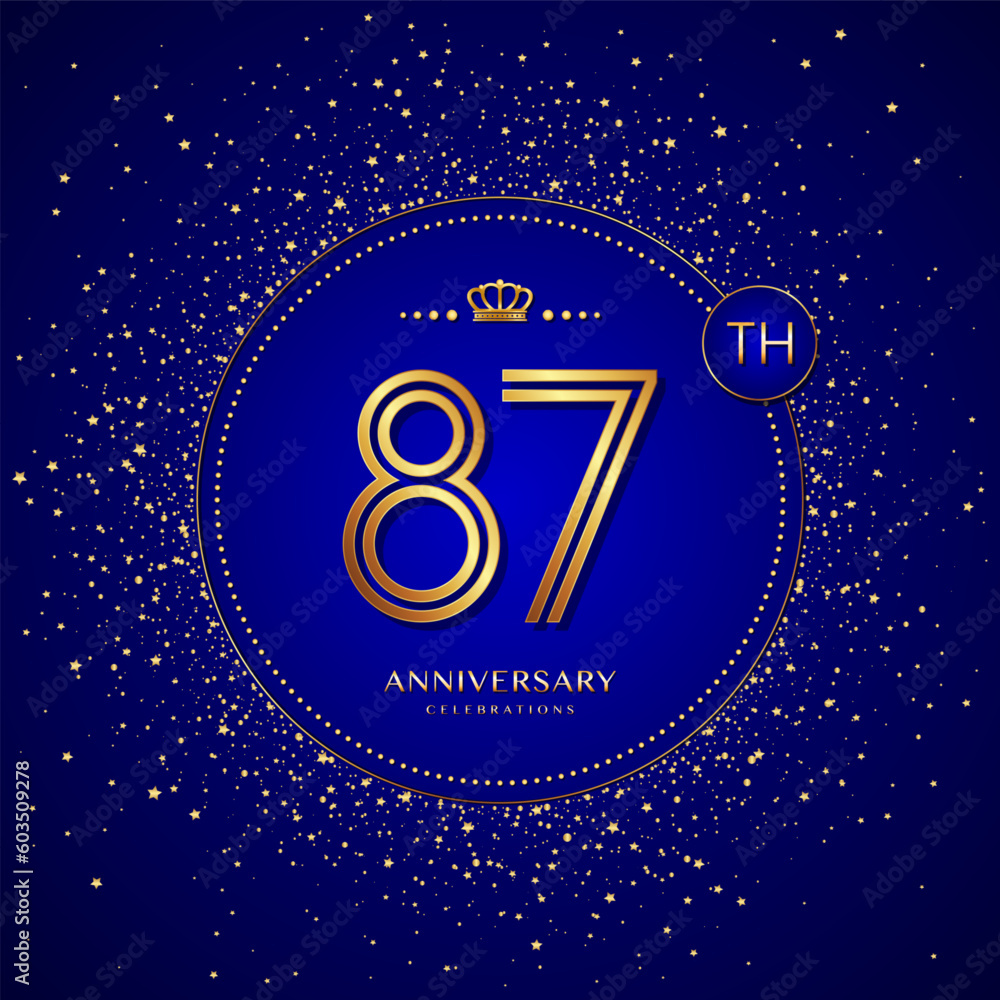87th anniversary logo with gold numbers and glitter isolated on a blue background 87th anniversary logo with gold numbers and glitter isolated on a blue background