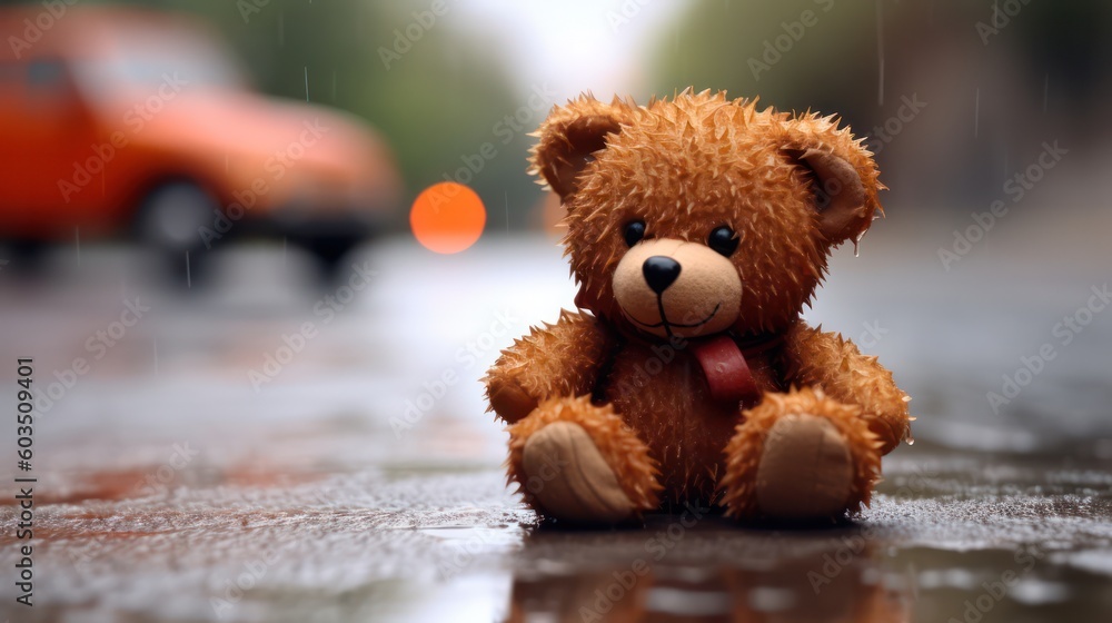 Obraz premium a small bear on a wet slippery road after rain against the background of car headlights. danger on the road.car accident. life and health insurance concept. Generative AI
