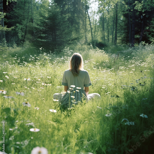 Generative AI illustrative image of a young woman finds herself in a serene meadow. In this tranquil setting, she enters a state of inner calm. Mental Health Awareness Month.  © Guttersnipe