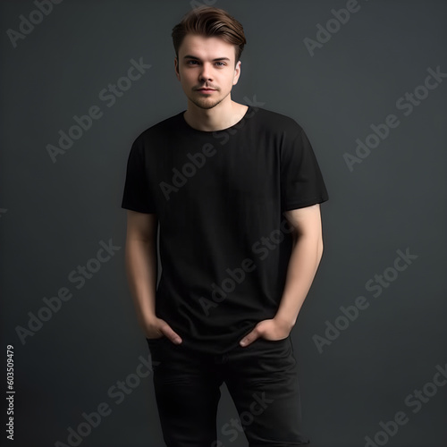 man wearing a plain t-shirt, standing in studio environment created with AI generative technology 