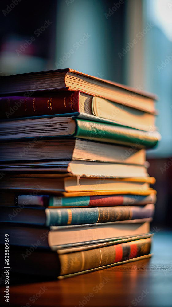 Fototapeta premium Vintage stack of old books on a wooden table. Generative AI