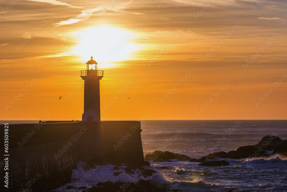 Felgueiras Lighthouse during sunset over Atlantic in Foz do Douro area of Porto city, Portugal