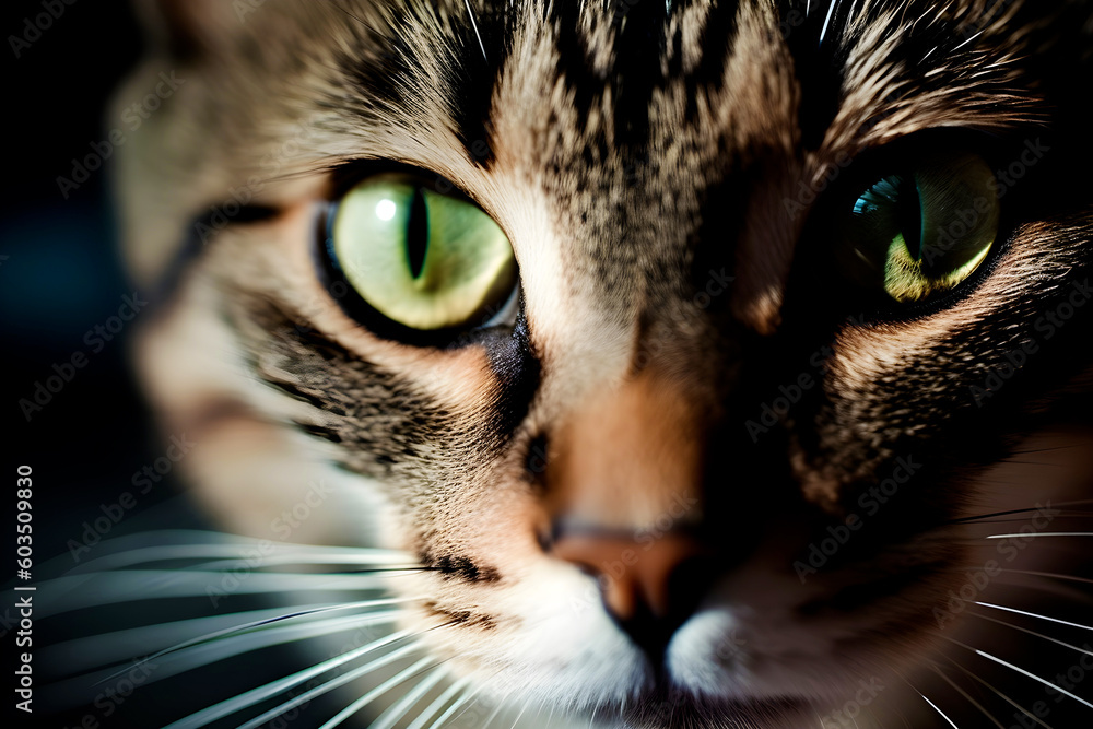 The Portrait of a cute cat with green eyes, close up.
